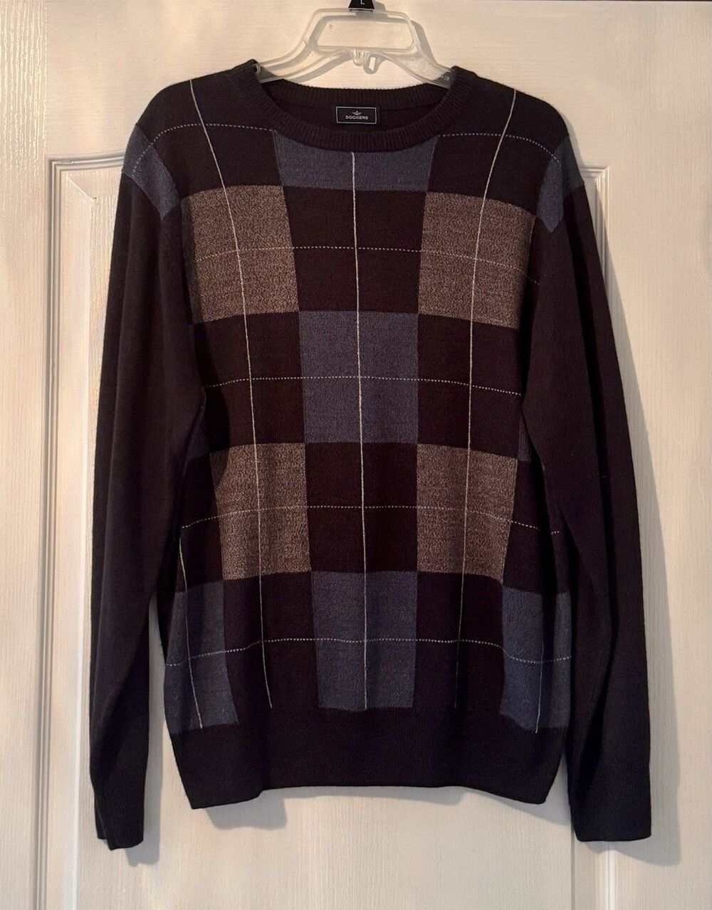 Dockers Men's Knit Plaid Crew Neck Pullover Sweater Brown/Blue/Gray L